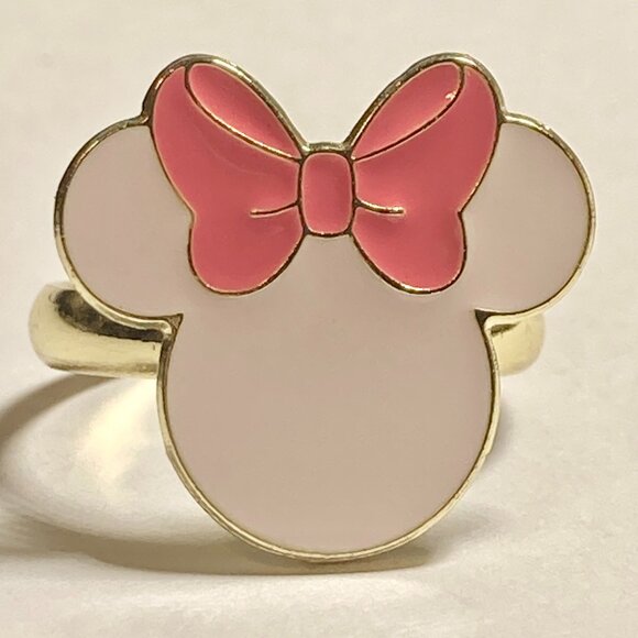Vintage Disney Minnie Mouse Ring Size 7 8 Pink Bow Signed Adjustable Enamel - Picture 3 of 12